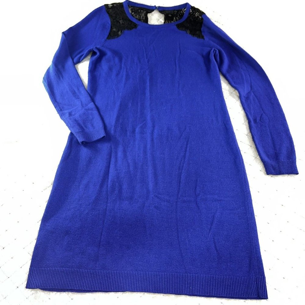 Ann Taylor Lace Sweater Dress Blue Long Sleeve Stretch Knit Pullover Size Small